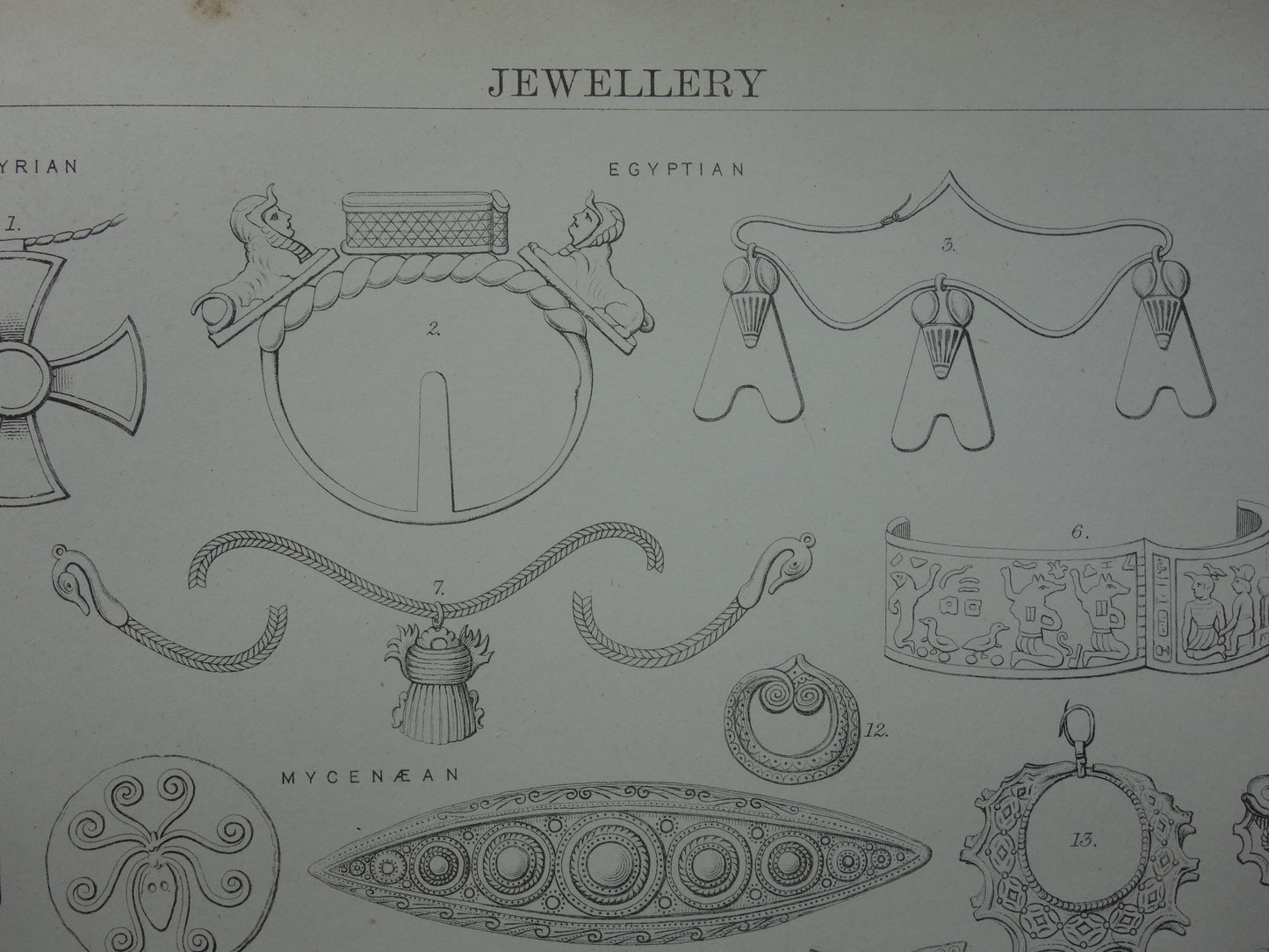 Oude prent over Juwelen Sieraden 1880 set van twee originele antieke prenten over geschiedenis van sieraden