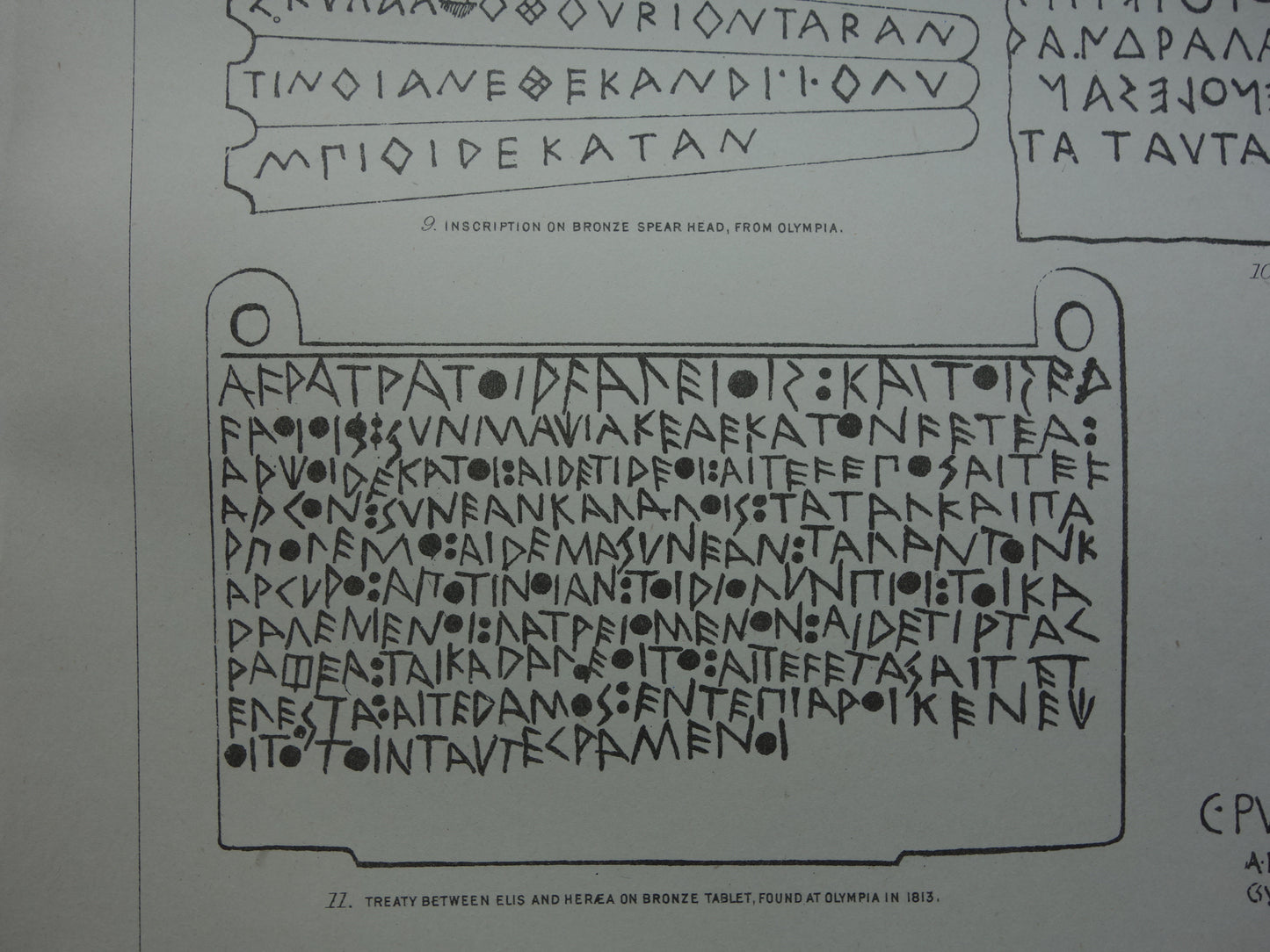 Oude archeologie prent over Griekse Latijnse en Spijkerschrift inscripties uit de oudheid 1886 originele antieke geschiedenis illustratie Griekenland Italië taal