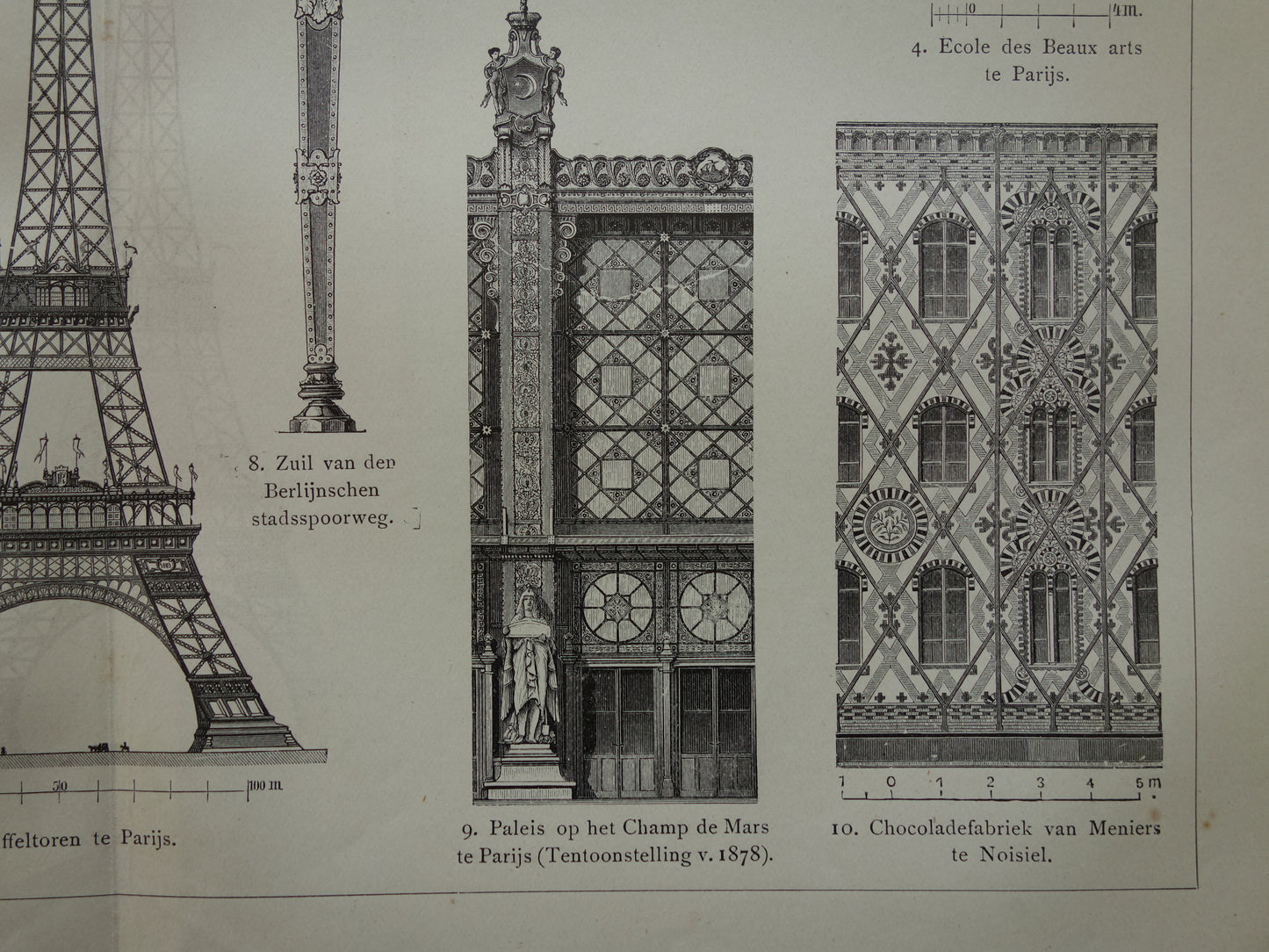 Antieke Architectuur Prent met Eiffeltoren 1912 originele oude Nederlandse print Ijzerconstructies Vintage illustratie