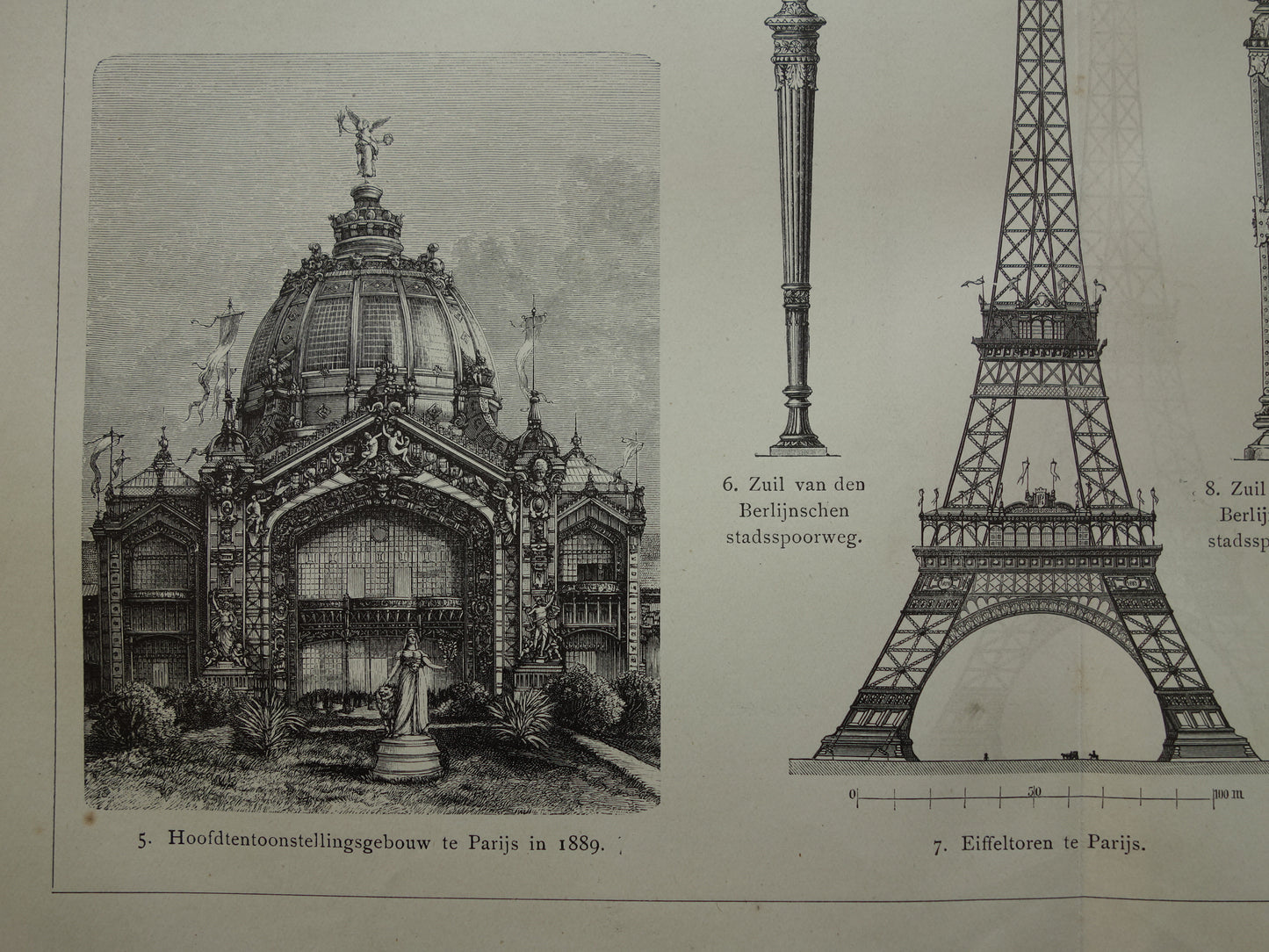 Antieke Architectuur Prent met Eiffeltoren 1912 originele oude Nederlandse print Ijzerconstructies Vintage illustratie