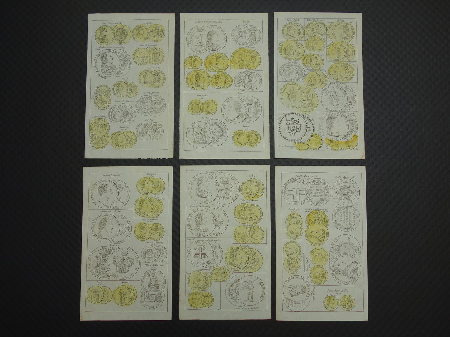 MUNTEN Set van 6 antieke prenten over Oude Munten 19e eeuw 1834 Print Illustratie numismatiek