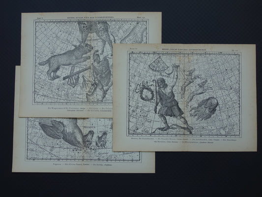 Antieke ASTRONOMIE print set van drie 3 oude sterrenkaart prints - Vintage Pegasus Auriga Boötes astrologie sterrenbeeld prints noordelijke hemel