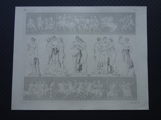 Bertel Thorvaldsen Oude prent kunstgeschiedenis Beeldhouwwerken Antonio Canova Originele antieke print Alexander fries Kunst Beeldhouwkunst vintage illustratie Beeldhouwer