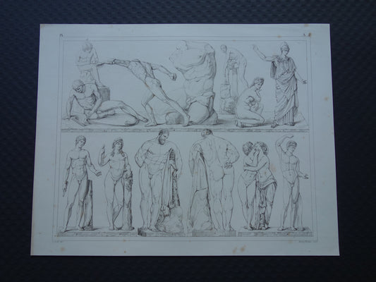 Oude prent kunstgeschiedenis Beelden Hercules Adonis Originele antieke print Venus Bacchus Cupido Kunst Beeldhouwkunst vintage illustratie Beeldhouwwerken