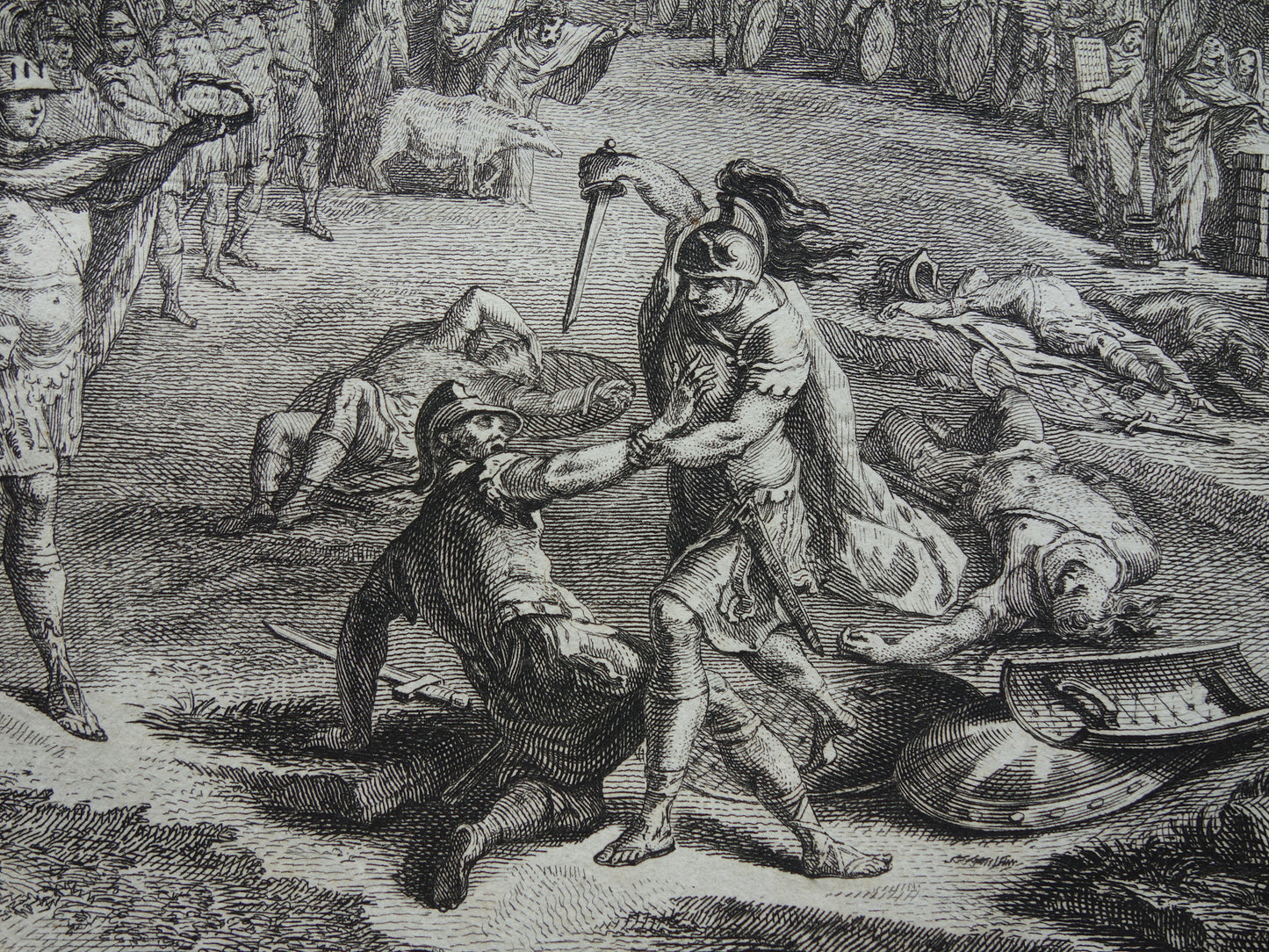 Gevecht tussen de Horatii en de Curiatii Geschiedenis van Rome Antieke prent Originele 200+ jaar oude illustratie Romeinse mythologie