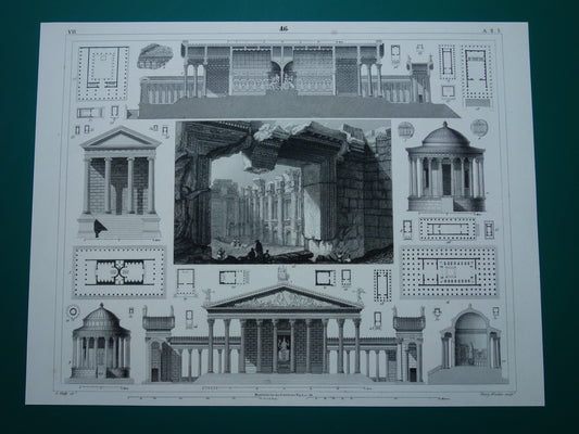 Baalbek & Tempel van Venus en Roma  Antieke architectuur prent uit 1849 oude illustratie Griekse Romeinse bouwkunst origineel 175+ jaar oude gravure