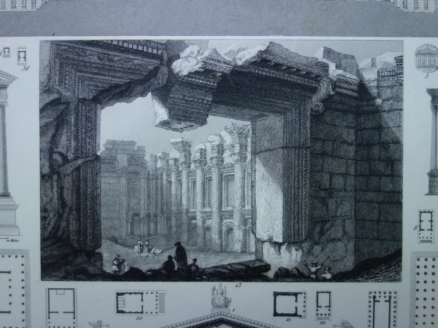 Baalbek & Tempel van Venus en Roma Antieke architectuur prent uit 1849 oude illustratie Griekse Romeinse bouwkunst origineel 175+ jaar oude gravure
