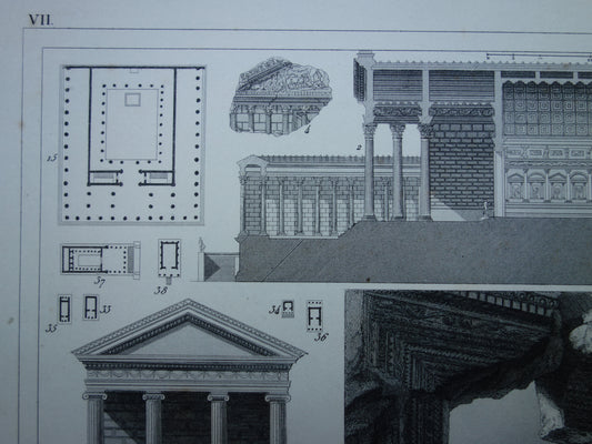 Baalbek & Tempel van Venus en Roma  Antieke architectuur prent uit 1849 oude illustratie Griekse Romeinse bouwkunst origineel 175+ jaar oude gravure