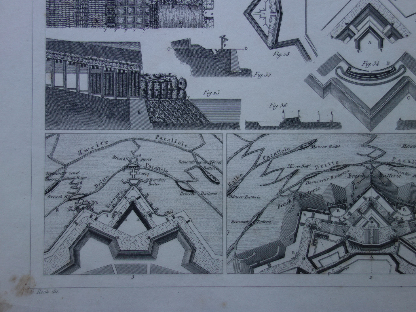 Oude prent over fortificaties - originele antieke militaire illustratie - vestingwerken forten fort architectuur print