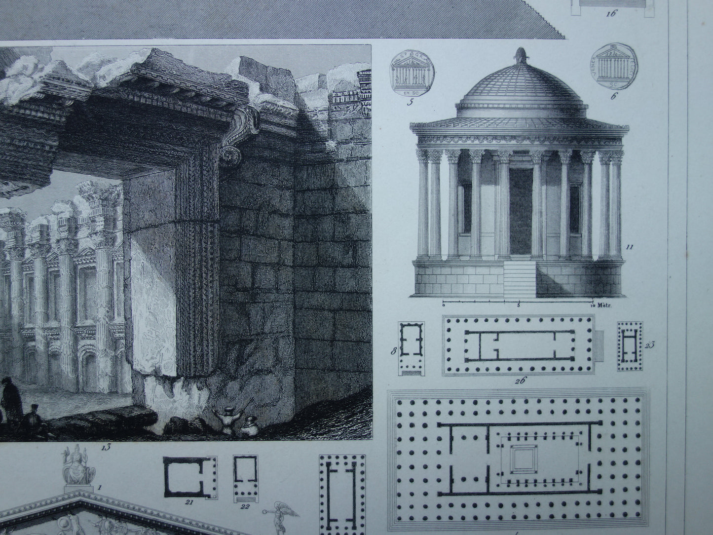 Baalbek & Tempel van Venus en Roma Antieke architectuur prent uit 1849 oude illustratie Griekse Romeinse bouwkunst origineel 175+ jaar oude gravure