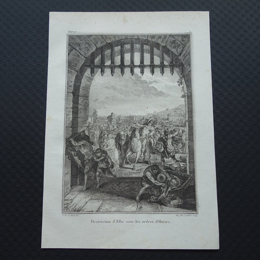 Alba Longa vernietigd Geschiedenis van Rome Antieke prent Originele 200+ jaar oude illustratie Romeinse mythologie Horatius