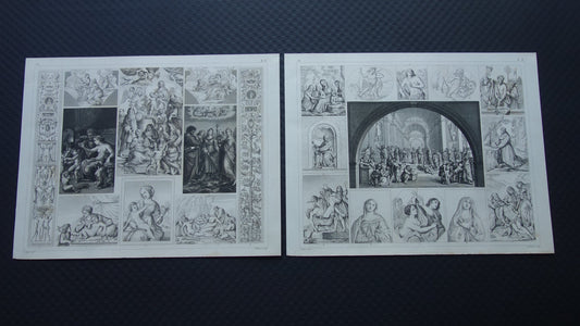 Antieke prent kunstgeschiedenis schilderkunst uit renaissance Raphael Leonardo Da Vinci Michelangelo originele oude illustratie prints