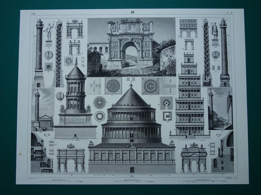Boog van Trajanus en Engelenburcht Romeinse architectuur prent uit 1849 antieke illustratie Romeinse bouwkunst origineel 175+ jaar oud