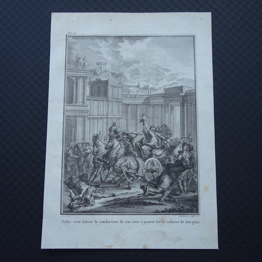Tullia Minor rijdt over lijk Romeinse koning Servius Tullius Geschiedenis van Rome Antieke prent Originele 200+ jaar oude illustratie Romeinse mythologie