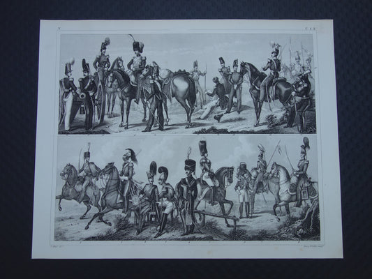 Engelse leger uniformen van midden 19e eeuw Cavalerie Artillerie antieke gravure - oude militaire illustratie - vintage afbeelding Brits uniform leger print
