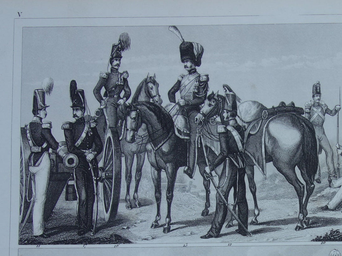 Engelse leger uniformen van midden 19e eeuw Cavalerie Artillerie antieke gravure - oude militaire illustratie - vintage afbeelding Brits uniform leger print
