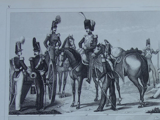 Englische Armeeuniformen der Kavallerie und Artillerie aus der Mitte des 19. Jahrhunderts, antiker Stich – alte militärische Illustration – Vintage-Bild. Britischer Uniform-Armeedruck