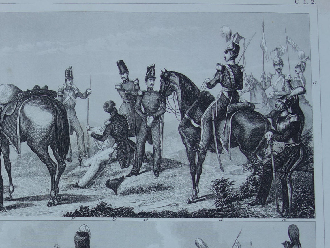 Engelse leger uniformen van midden 19e eeuw Cavalerie Artillerie antieke gravure - oude militaire illustratie - vintage afbeelding Brits uniform leger print
