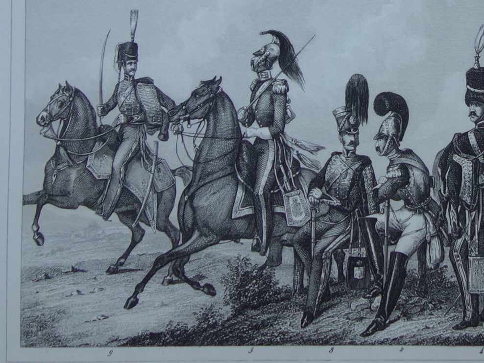 Engelse leger uniformen van midden 19e eeuw Cavalerie Artillerie antieke gravure - oude militaire illustratie - vintage afbeelding Brits uniform leger print