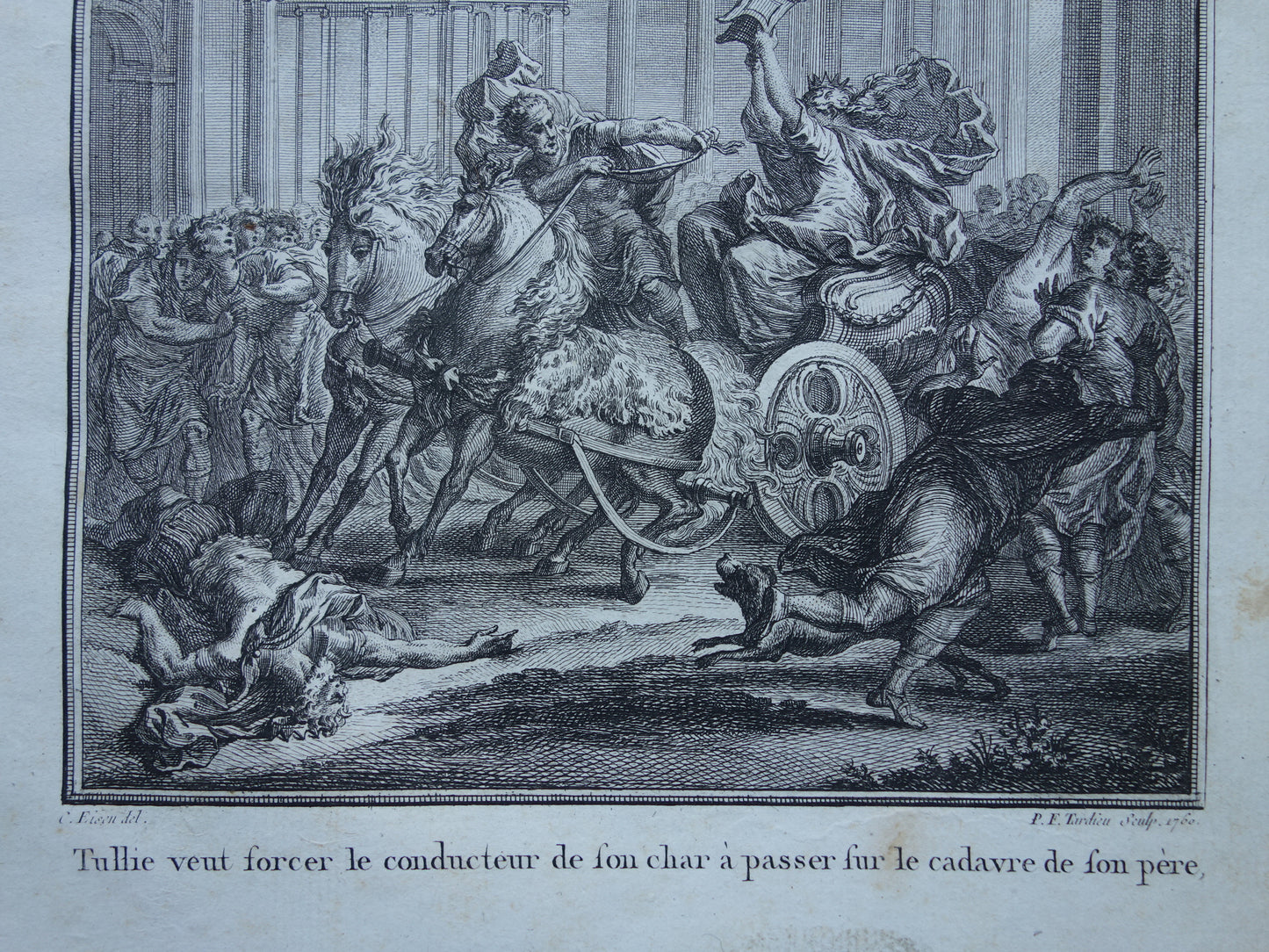 Tullia Minor rijdt over lijk Romeinse koning Servius Tullius Geschiedenis van Rome Antieke prent Originele 200+ jaar oude illustratie Romeinse mythologie