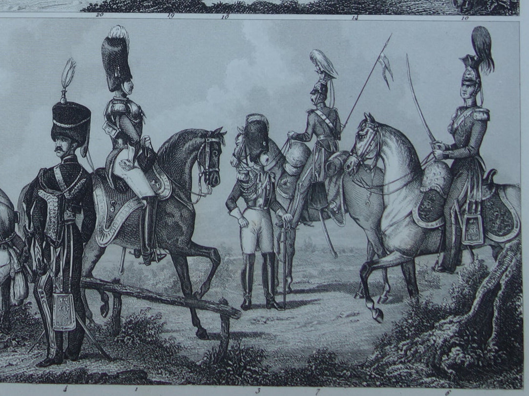 Engelse leger uniformen van midden 19e eeuw Cavalerie Artillerie antieke gravure - oude militaire illustratie - vintage afbeelding Brits uniform leger print
