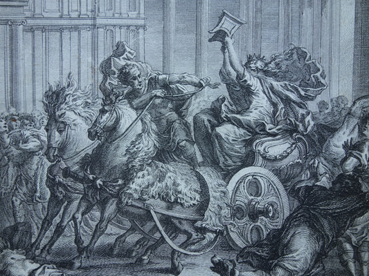 Tullia Minor rijdt over lijk Romeinse koning Servius Tullius Geschiedenis van Rome Antieke prent Originele 200+ jaar oude illustratie Romeinse mythologie