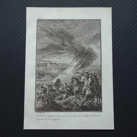 Koning Tarquinius de Oudere Geschiedenis van Rome Antieke prent Originele 200+ jaar oude illustratie Romeinse mythologie Overwinning op Etrusken