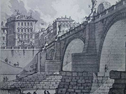 Oude prent van Ponte S. Angelo Rome uit 1886 antieke facsimile Piranesi Veduta del Ponte d'Elio Adriano vintage print poster
