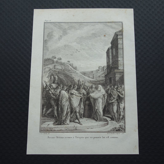 Koning Tarquinius Geschiedenis van Rome Antieke prent Originele 200+ jaar oude illustratie Romeinse mythologie Priester Accius Nevius