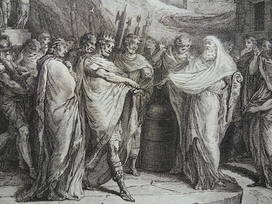 Koning Tarquinius Geschiedenis van Rome Antieke prent Originele 200+ jaar oude illustratie Romeinse mythologie Priester Accius Nevius