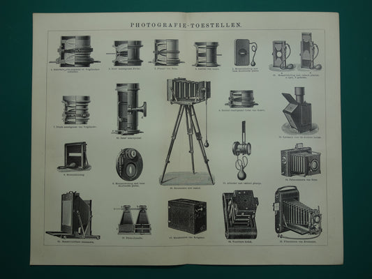 CAMERA'S oude technologie prent uit 1910 over fotocamera's Originele antieke Nederlandse illustratie print camera Zeiss Kodak Ernemann