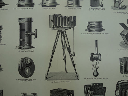 CAMERA'S oude technologie prent uit 1910 over fotocamera's Originele antieke Nederlandse illustratie print camera Zeiss Kodak Ernemann