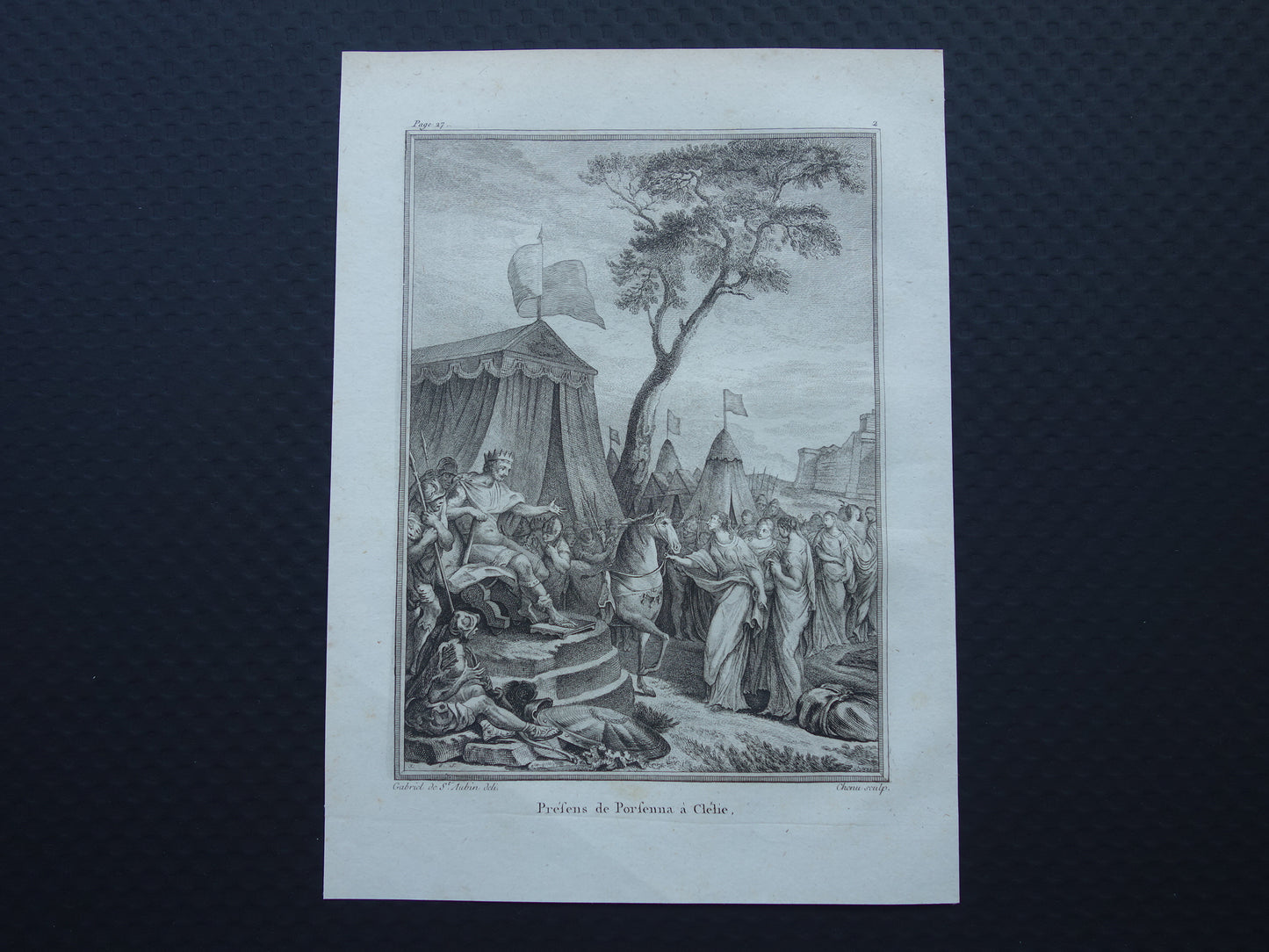 Geschiedenis van Rome Antieke prent Originele 200+ jaar oude illustratie Romeinse mythologie Romeins-Etruskische Oorlog koning Porsena geeft paard aan Cloelia