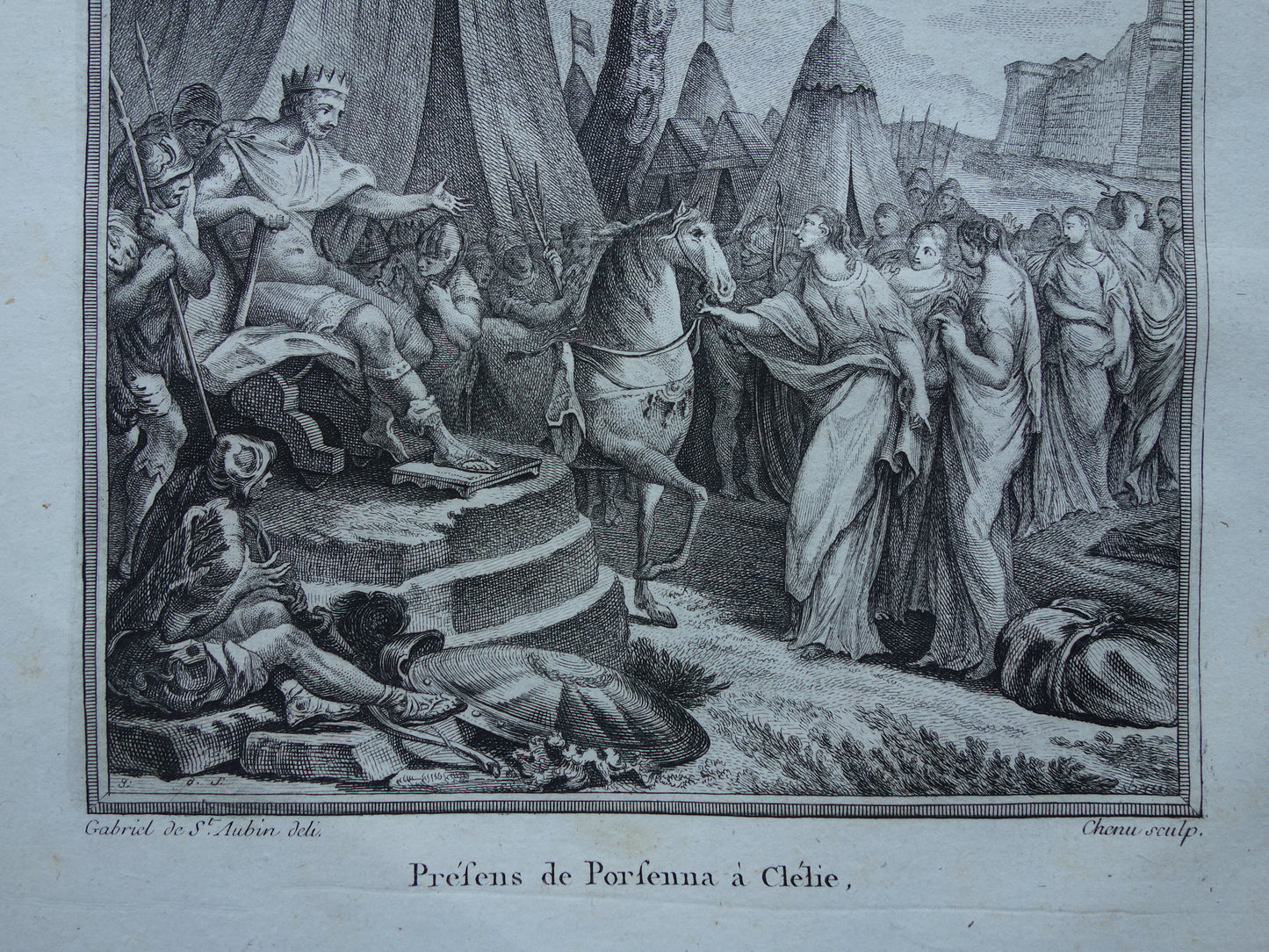 Geschiedenis van Rome Antieke prent Originele 200+ jaar oude illustratie Romeinse mythologie Romeins-Etruskische Oorlog koning Porsena geeft paard aan Cloelia