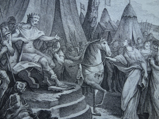 Geschiedenis van Rome Antieke prent Originele 200+ jaar oude illustratie Romeinse mythologie Romeins-Etruskische Oorlog koning Porsena geeft paard aan Cloelia