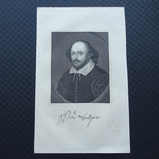William Shakespeare portret oude prent 1860 originele antieke gravure handtekening