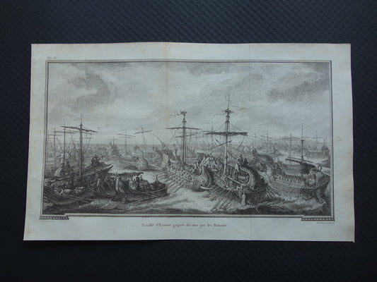 Romeinse zeeslag Slag bij Kaap Ecnomus Geschiedenis van Rome Antieke prent Originele 200+ jaar oude illustratie Vloot Romeinen
