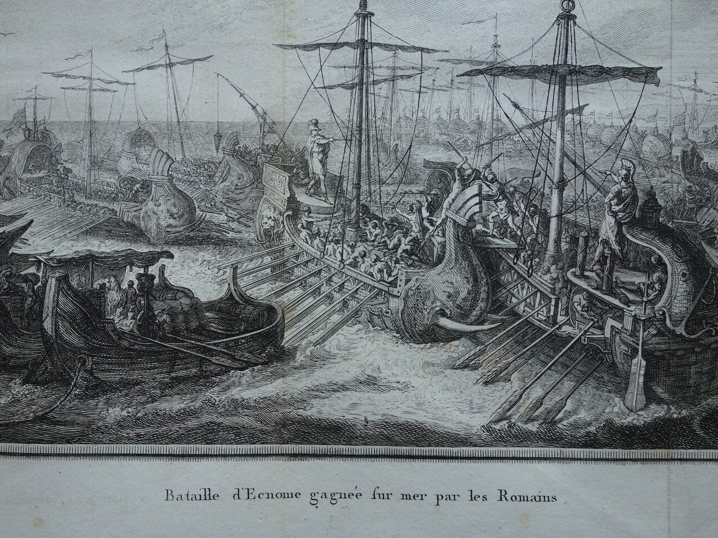 Romeinse zeeslag Slag bij Kaap Ecnomus Geschiedenis van Rome Antieke prent Originele 200+ jaar oude illustratie Vloot Romeinen