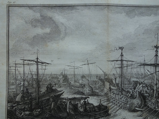 Romeinse zeeslag Slag bij Kaap Ecnomus Geschiedenis van Rome Antieke prent Originele 200+ jaar oude illustratie Vloot Romeinen