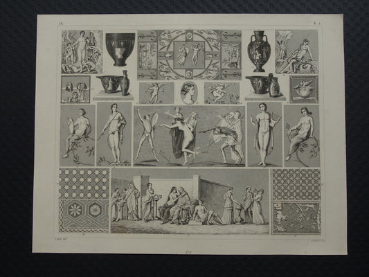 Antieke prent kunstgeschiedenis Romeinse muurschildering mozaïek schilderkunst Originele oude illustratie kunst uit Romeinse tijd