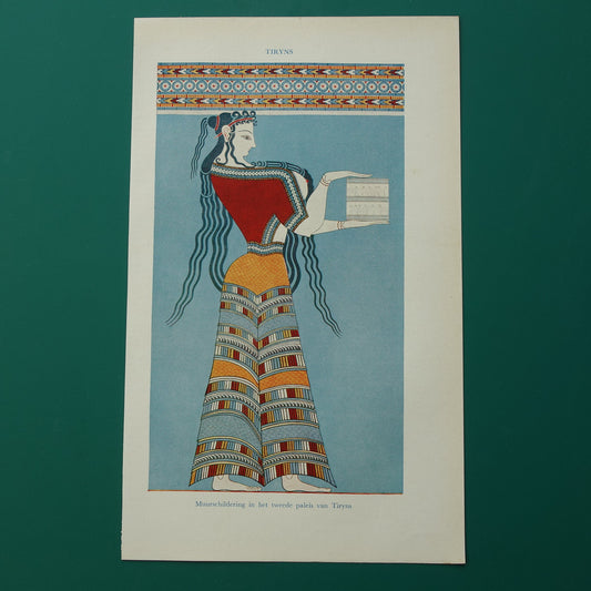 TIRYNS Oude prent muurschildering paleis Tiryns uit 1938 originele vintage illustratie Mycene Oud-Griekenland
