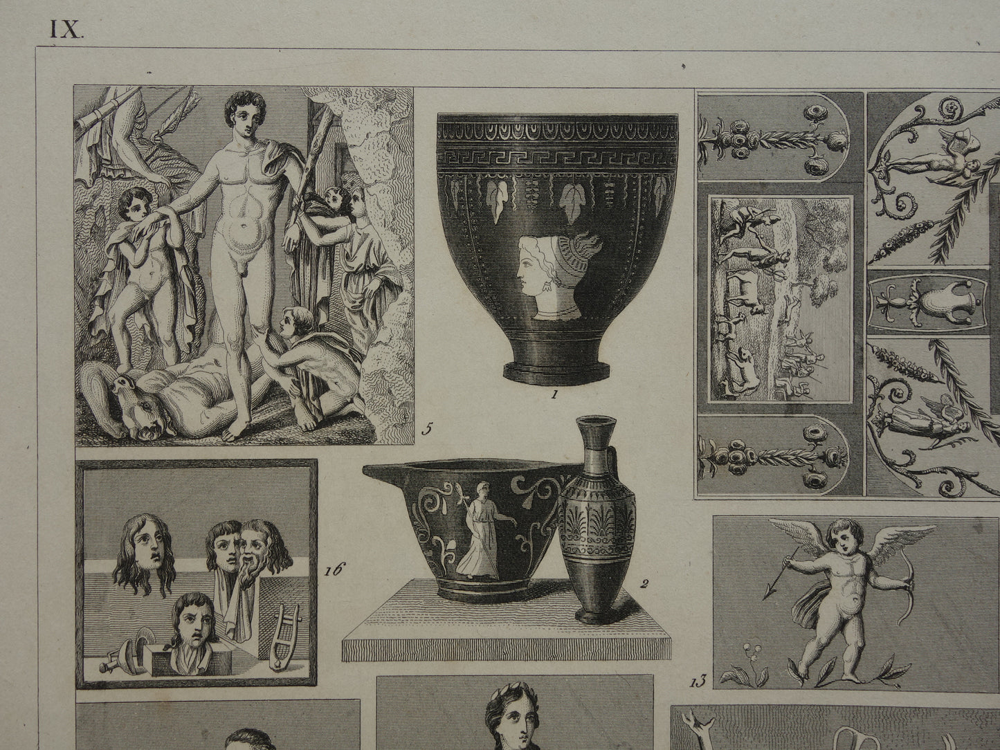 Antique print art history Roman mural mosaic painting Original ancient illustration art from Roman times