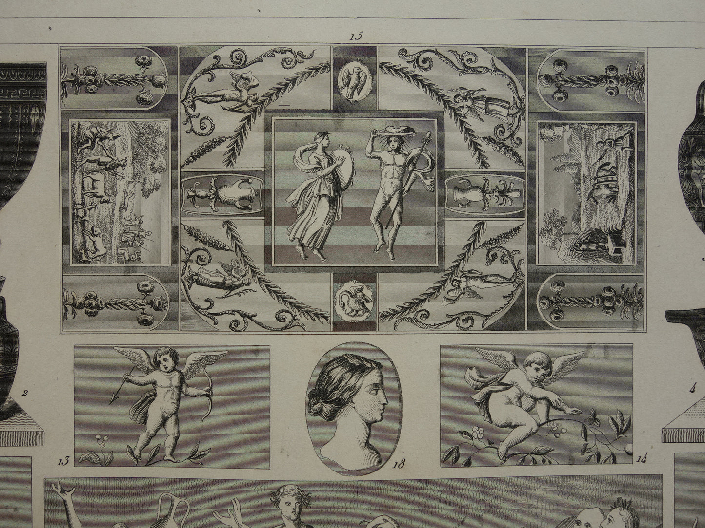 Antique print art history Roman mural mosaic painting Original ancient illustration art from Roman times