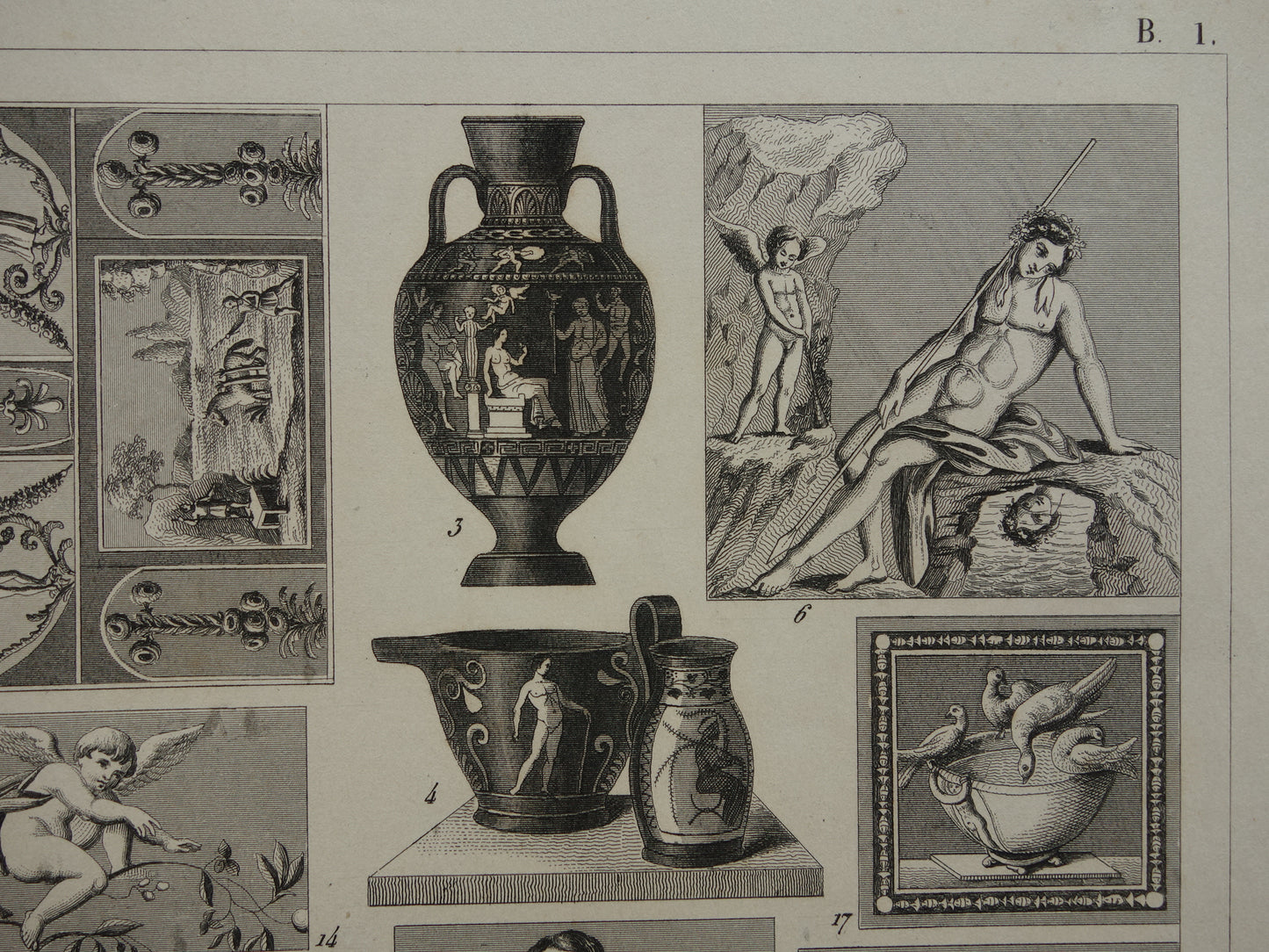 Antique print art history Roman mural mosaic painting Original ancient illustration art from Roman times