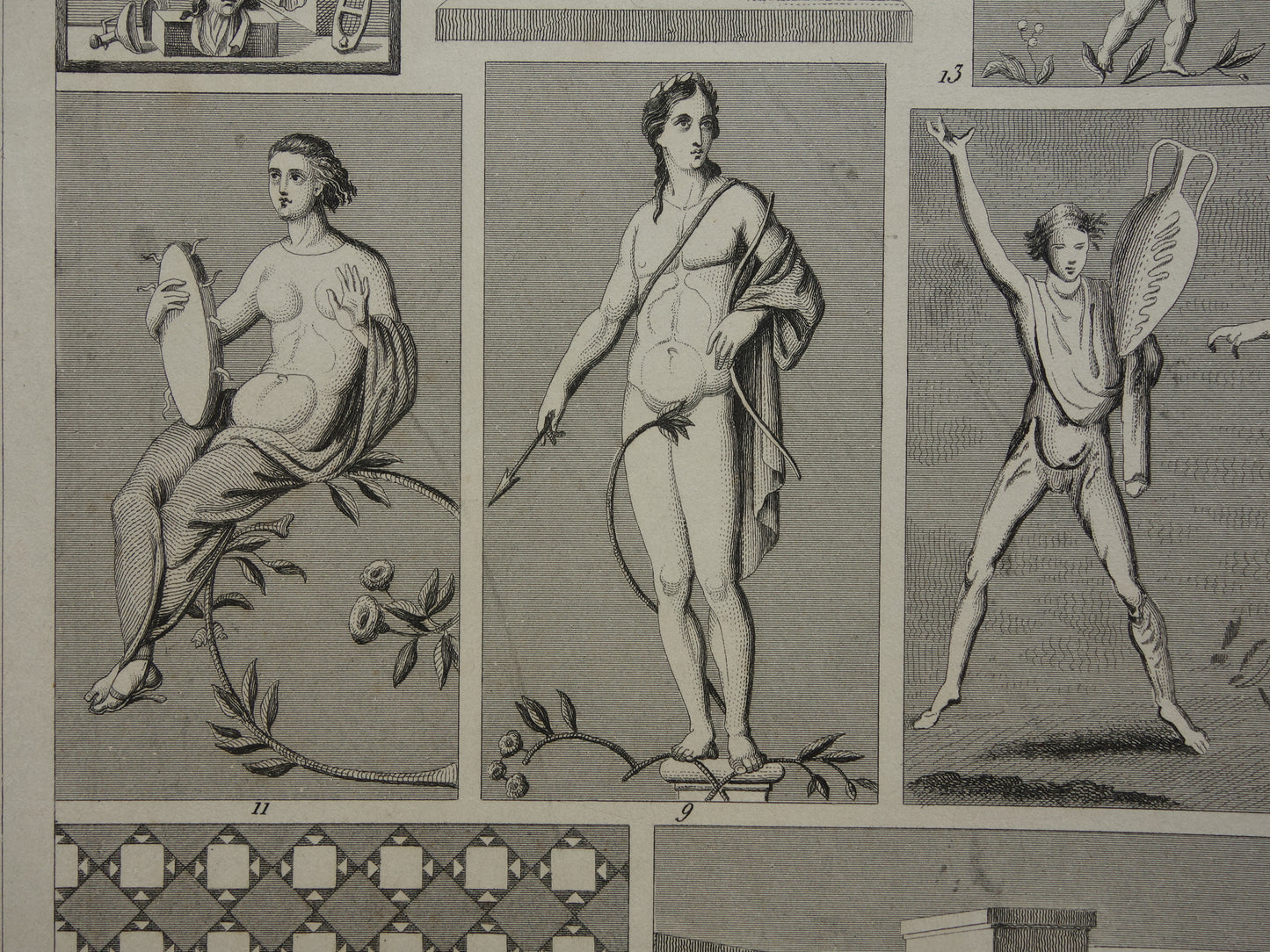 Antique print art history Roman mural mosaic painting Original ancient illustration art from Roman times