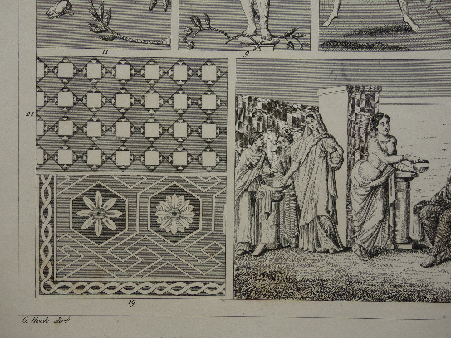 Antique print art history Roman mural mosaic painting Original ancient illustration art from Roman times