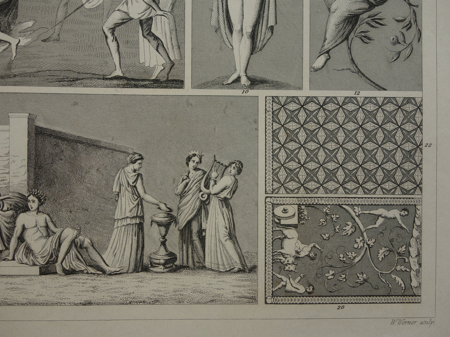Antique print art history Roman mural mosaic painting Original ancient illustration art from Roman times