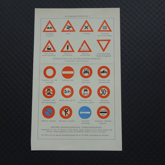 VERKEERSBORDEN oude prent 1933 originele vintage Nederlandse illustratie van Verkeersbord afbeeldingenverkeer prenten