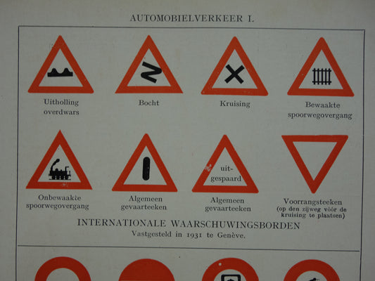 VERKEERSBORDEN oude prent 1933 originele vintage Nederlandse illustratie van Verkeersbord afbeeldingenverkeer prenten