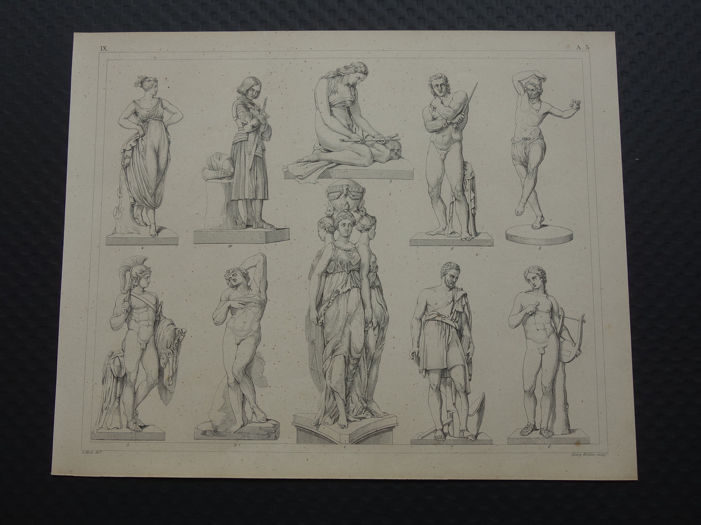 Oude prent kunstgeschiedenis Beeldhouwwerken Michelangelo Originele antieke print Bertel Thorvaldsen Germain Pilon Kunst Beeldhouwkunst vintage illustratie Beeldhouwer